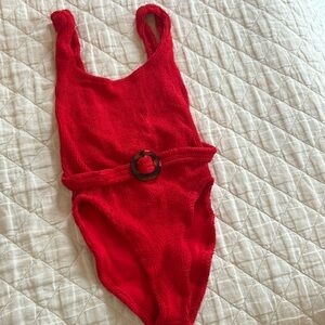 Hunza G red one piece swimsuit with tortoise belt